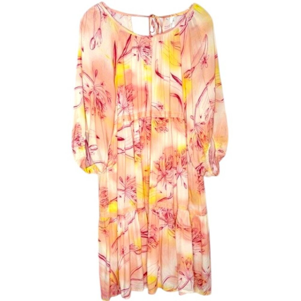 By Anthropologie Semi-Sheer Tie-Back Tiered Floral Dress - Red/Yellow/Pink - S